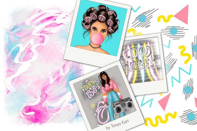 May include: Three digital illustrations in a retro style. The first image shows a woman with pink hair rollers and a pink bubble gum. The second image shows a woman wearing a pink crop top and blue jeans holding a boombox. The third image shows a neon sign that says "Good Vibes".