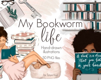 Books Png Clip Art For Planner Stickers, Bookworm Life, Booklover Fashion Clipart, Stack Of Books, Bookish Illustration,Girl Reading Clipart