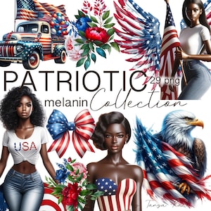 Paquete de imágenes prediseñadas de mujer negra de EE. UU., pegatinas del 4 de julio, Día de los Caídos y Día de la Independencia PNG, paquete de pegatinas patrióticas de melanina para planificador