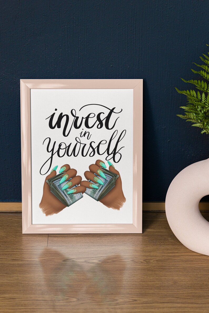 Invest In Yourself, Afro Woman PNG Digital Download, Money Manifestation Sticker for Planner, Self Love PNG, Save Money Nail Art Design