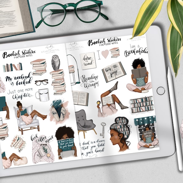 Booklover Goodnotes Stickers, African American Bookish Stickers, Digital Stickers, Goodnotes 5 Planner, Book Stickers, Modern Planning