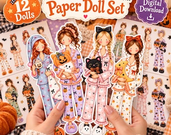 Halloween Paper Dolls Printable | Whimsical Pajama Girls Set | Cute Fussy Cut PNG Jpeg | Junk Journal Digital Download Kids Craft Activity