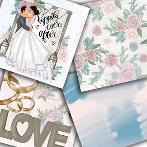 May include: A digital illustration of a wedding scene with a couple standing under an archway decorated with flowers. The text "happily ever after" is written on the archway. The background is a light blue sky with white clouds.