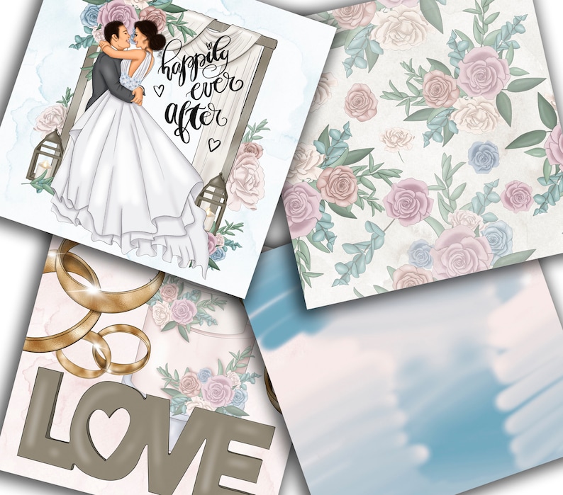 May include: A digital illustration of a wedding scene with a couple standing under an archway decorated with flowers. The text "happily ever after" is written on the archway. The background is a light blue sky with white clouds.