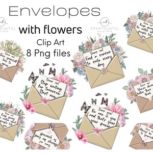 K&ouml;nnte beinhalten: Acht digitale Clipart-Bilder von Umschl&auml;gen mit Blumen und inspirierenden Botschaften. Die Umschl&auml;ge sind braun mit wei&szlig;em Papier innen. Die Blumen sind rosa, wei&szlig; und gr&uuml;n. Die Botschaften lauten: "Liebe ich! Gib dir Zeit zum Wachsen", "Liebe ich! Finde einen Grund, jeden Tag zu l&auml;cheln", "Liebe ich! H&ouml;r auf, auf morgen zu warten. Beginne jetzt", "Liebe ich! Egal, was die Leute sagen. Mach weiter", "Liebe ich! Niemand ist wie du, und das ist deine Kraft", "Liebe ich! Du machst es besser, als du denkst", "Liebe ich! Sei immer nett zu dir selbst", und "Liebe ich! Eine Prise Reinheit von Pilzfreude".