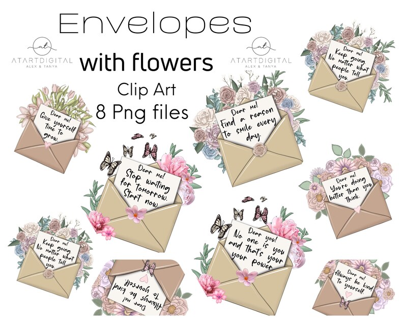 K&ouml;nnte beinhalten: Acht digitale Clipart-Bilder von Umschl&auml;gen mit Blumen und inspirierenden Botschaften. Die Umschl&auml;ge sind braun mit wei&szlig;em Papier innen. Die Blumen sind rosa, wei&szlig; und gr&uuml;n. Die Botschaften lauten: "Liebe ich! Gib dir Zeit zum Wachsen", "Liebe ich! Finde einen Grund, jeden Tag zu l&auml;cheln", "Liebe ich! H&ouml;r auf, auf morgen zu warten. Beginne jetzt", "Liebe ich! Egal, was die Leute sagen. Mach weiter", "Liebe ich! Niemand ist wie du, und das ist deine Kraft", "Liebe ich! Du machst es besser, als du denkst", "Liebe ich! Sei immer nett zu dir selbst", und "Liebe ich! Eine Prise Reinheit von Pilzfreude".