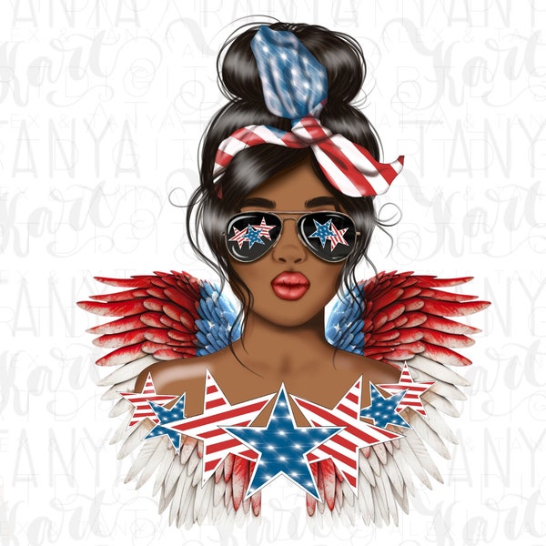 African American, 4th Of July Png, American Flag Png, American Girl Png, Sublimation Download, Digital File Png, Messy Hair Bun Png