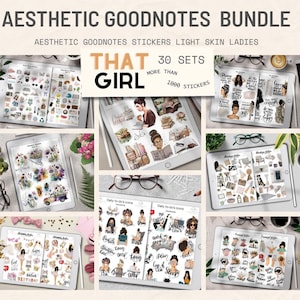 Pu&ograve; includere: Uno schermo di un planner digitale che mostra una collezione di adesivi digitali per Goodnotes. Gli adesivi presentano illustrazioni di donne, libri, tazze da caff&egrave; e altri oggetti di uso quotidiano. Il testo "That Girl" e "30 Sets More Than 1000 Stickers" &egrave; visibile sullo schermo.