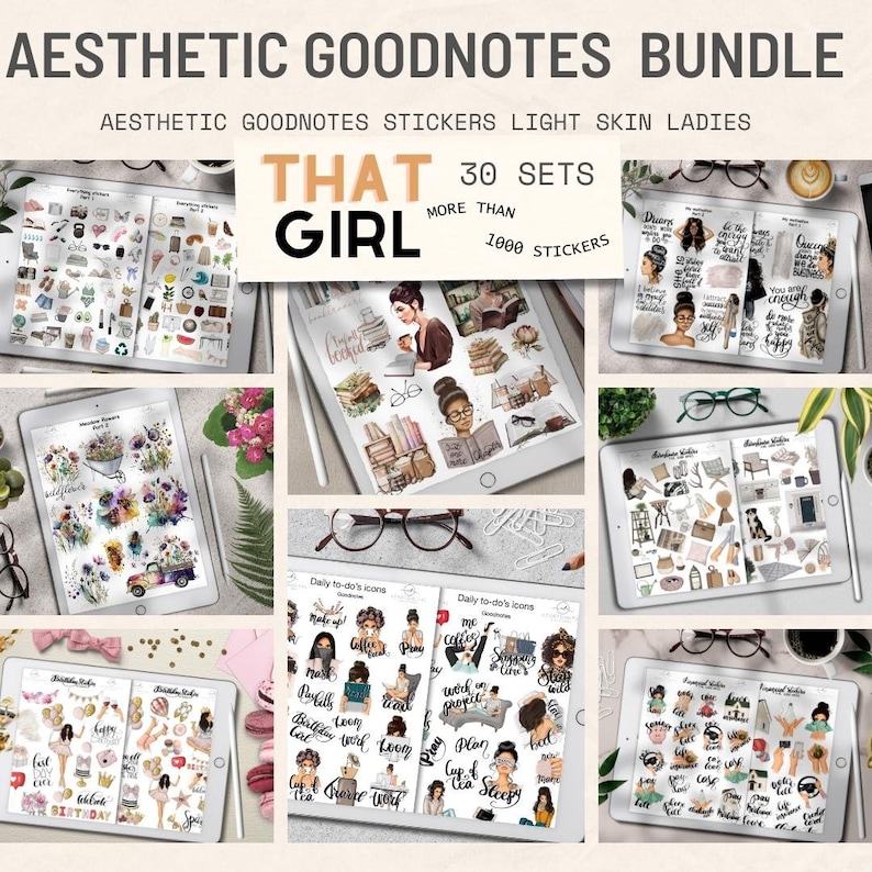 Pu&ograve; includere: Uno schermo di un planner digitale che mostra una collezione di adesivi digitali per Goodnotes. Gli adesivi presentano illustrazioni di donne, libri, tazze da caff&egrave; e altri oggetti di uso quotidiano. Il testo "That Girl" e "30 Sets More Than 1000 Stickers" &egrave; visibile sullo schermo.