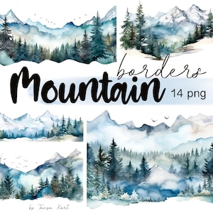 Aquarelle montagnes frontière Clipart, montagnes enneigées enfumées, scène de forêt brumeuse, paysage de montagne, téléchargement numérique Png pour le scrapbooking