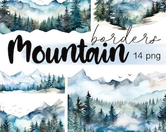 Watercolor Mountains Border Clipart, Smoky Snowy Mountains, Foggy Forest Scene, Mountain Landscape, Png Digital Download for Scrapbooking