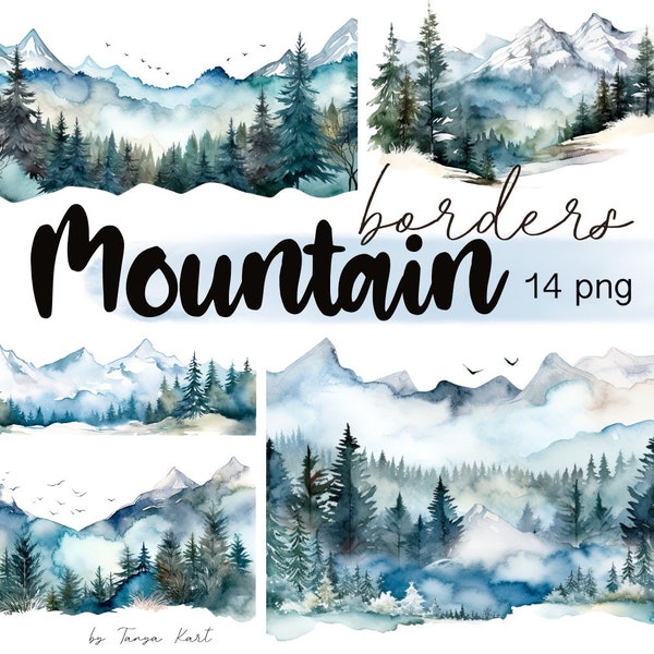 Watercolor Mountains Border Clipart, Smoky Snowy Mountains, Foggy Forest Scene, Mountain Landscape, Png Digital Download for Scrapbooking