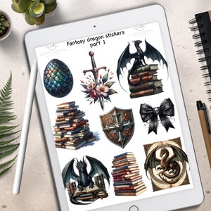 May include: A sheet of fantasy dragon stickers with a variety of designs, including dragons, swords, shields, books, and a bow. The stickers are printed on white paper and have a glossy finish.