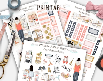 Printable Happy Planner Stickers, Weekly Stickers, Planner Girl, Coral Color, Fashion Stickers, Bow Clips Stickers, Glitter Gold