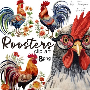Animais de Fazenda Clipart, Galos, Pássaros PNG Designs, Download Instantâneo para Sublimação, Diários de Lixo, Artesanato em Papel, Scrapbooking Digital