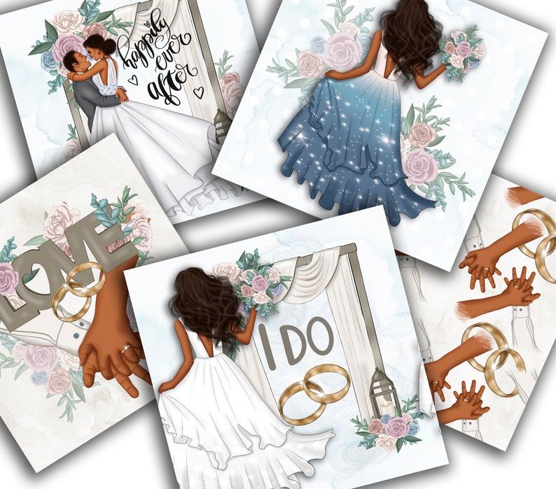 May include: Four wedding themed illustrations with a blue and white color scheme. The illustrations feature a couple, a bride, a wedding arch, and hands holding rings. The text "happily ever after" and "I do" are featured in the illustrations.
