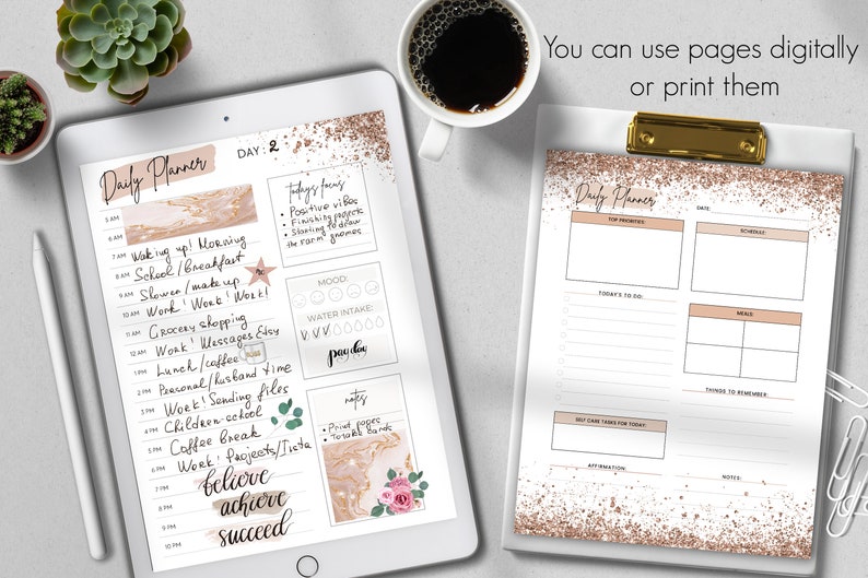 May include: A digital daily planner displayed on a tablet and a printed version on a clipboard. The planner features a schedule, to-do list, and mood tracker. The text "You can use pages digitally or print them" is visible.