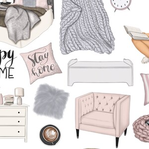 May include: A digital illustration of a cozy home interior with a bed, a chair, a throw blanket, a pillow that says "Stay Home", a lamp, a dresser, a coffee cup, a cat bed, and a woman reading a book. The text "Happy at Home" is written in black cursive.