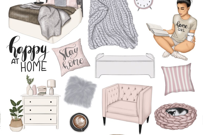 May include: A digital illustration of a cozy home interior with a bed, a chair, a throw blanket, a pillow that says "Stay Home", a lamp, a dresser, a coffee cup, a cat bed, and a woman reading a book. The text "Happy at Home" is written in black cursive.