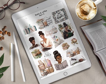 Digital Book Lovers Stickers for GoodNotes Planners, Booklover Icons, Melanin Girl, GoodNotes Pre cropped, Bookish Stickers