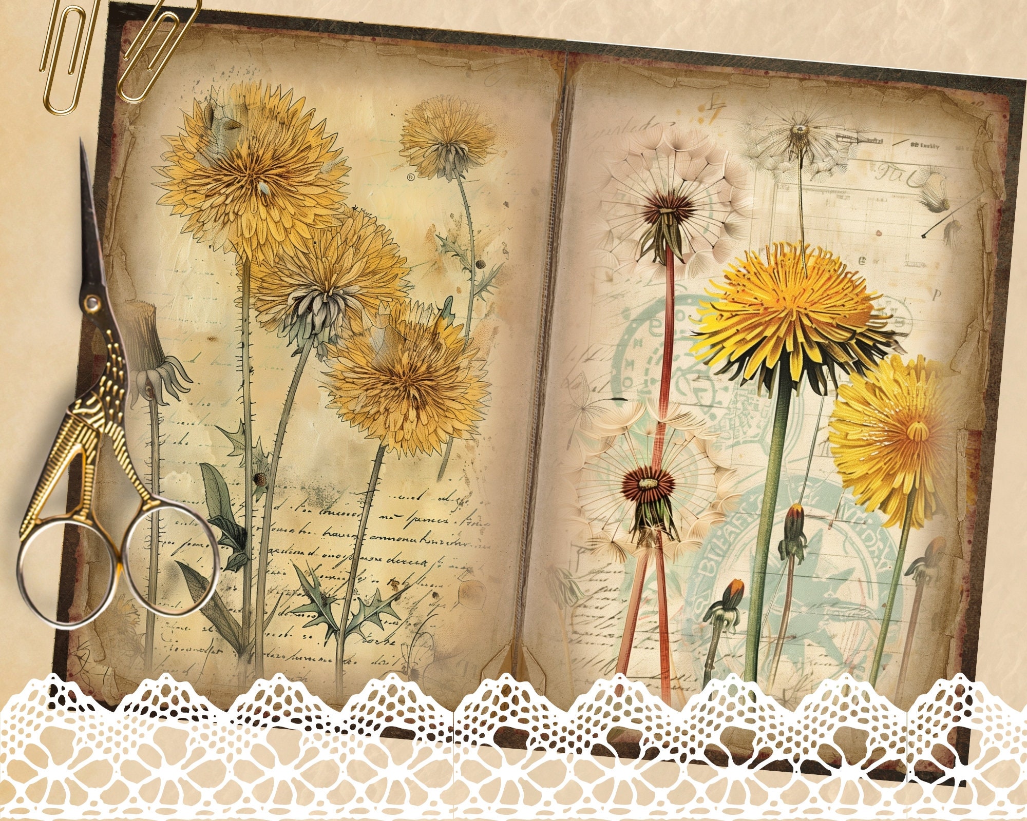 Digital Dandelion Journaling Pages, Vintage Junk Journal