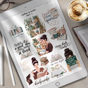Booklover Digital Stickers, GoodNotes Stickers, Bookish Icons, Digital Planner Stickers, Book Lady, GoodNotes Pre cropped, Bookish Stickers