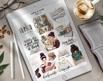 Booklover Digital Stickers, GoodNotes Stickers, Bookish Icons, Digital Planner Stickers, Book Lady, GoodNotes Pre cropped, Bookish Stickers