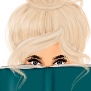 May include: A woman with blonde hair in a bun peeks over a teal blue book with her eyes.