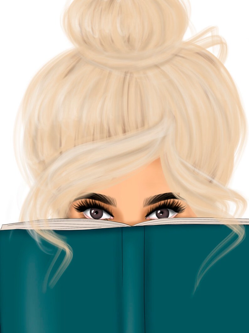May include: A woman with blonde hair in a bun peeks over a teal blue book with her eyes.