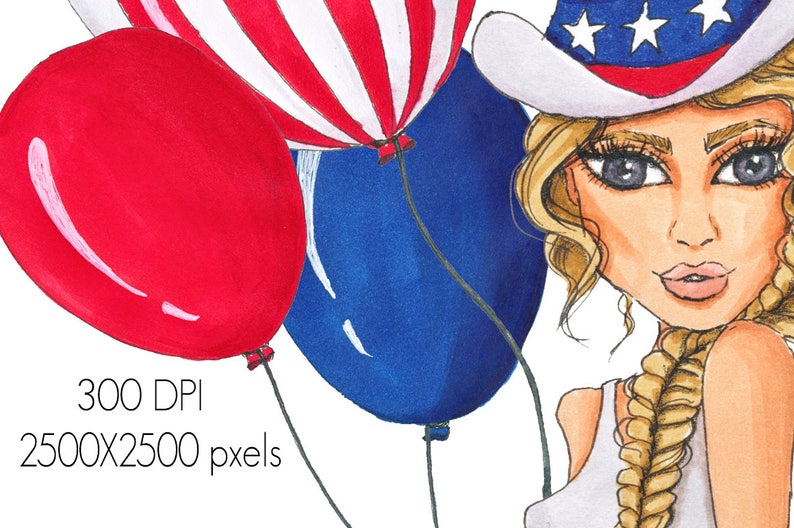 Op de afbeelding: Een vrouw met blond haar draagt een witte hoed met rode en blauwe sterren en een wit tanktop. Ze houdt drie ballonnen vast: een rode, een blauwe en een rood-wit-blauwe.