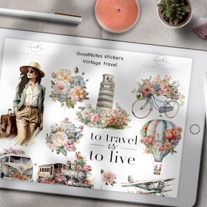 デジタルプランナー用のヴィンテージ旅行 Goodnotes ステッカー、Goodnotes 用の旅行休暇デジタルステッカー、ロードトリップ デジタルプランナー アイコン