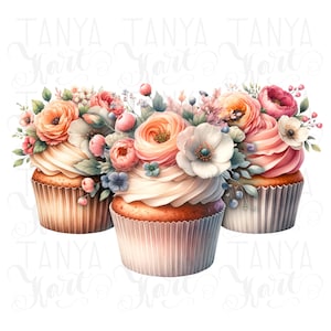 Impressões de sobremesas em aquarela, cupcakes florais PNG Download digital instantâneo para sublimação, aniversário de cupcake e diários de lixo, impressões digitais