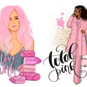 Pink Fashion Girl Clipart Bundle, Manicure PNG, Pink Lipstick Clipart Set for Sublimation, Birthday Graphics, Fashion Blogger