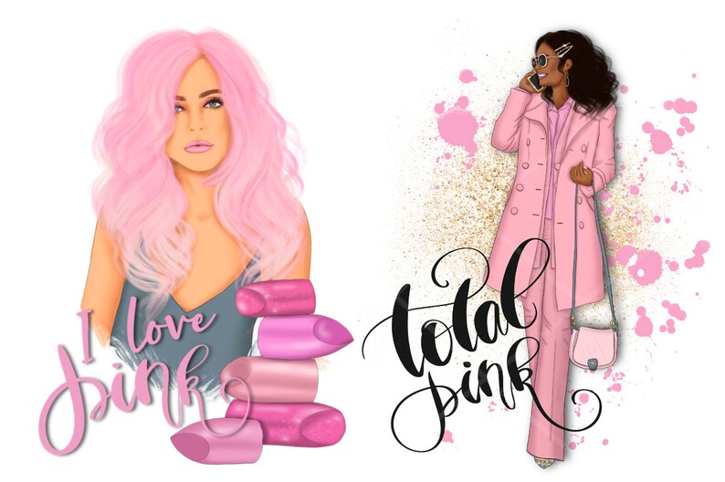 Pink Fashion Girl Clipart Bundle, Manicure PNG, Pink Lipstick Clipart Set for Sublimation, Birthday Graphics, Fashion Blogger