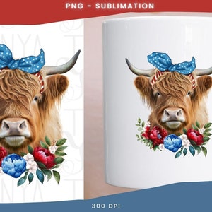 Highland Cow Png, 4Th Of July Png, Cow With Flowers Png, Cow Png Design, Red White Blue Png, Cow Sublimation Png, Patriotic Cow Png