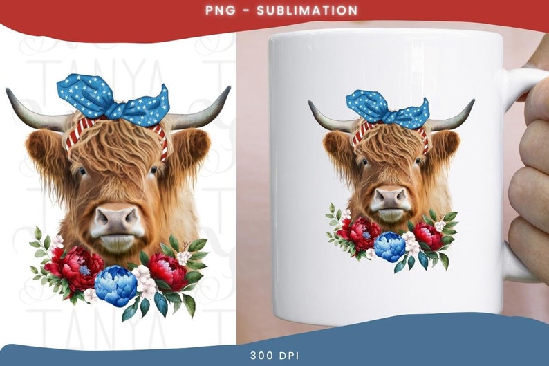 Highland Cow Png, 4Th Of July Png, Cow With Flowers Png, Cow Png Design, Red White Blue Png, Cow Sublimation Png, Patriotic Cow Png