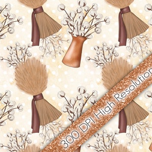 May include: A seamless pattern featuring illustrations of cotton stems in terracotta vases and bundles of wheat tied with brown ribbons. The background is a light beige with white polka dots. The text "300 DPI High Resolution" is displayed diagonally.