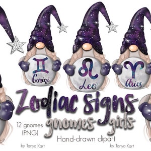 Dierenriemkabouters png-illustraties, magische sterrenstelsels hemelse kabouters, png-illustratie voor plannerstickers, sublimatie en scrapbooking