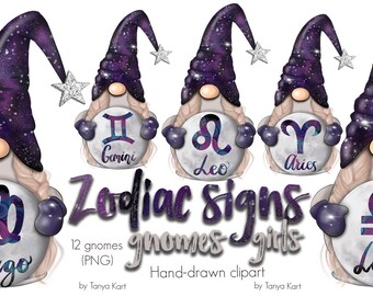 Zodiac Gnomes Png Clip Art, Magic Galaxy Celestial Gnomes Signs, Png Illustration for Planner Stickers, Sublimation and Scrapbooking