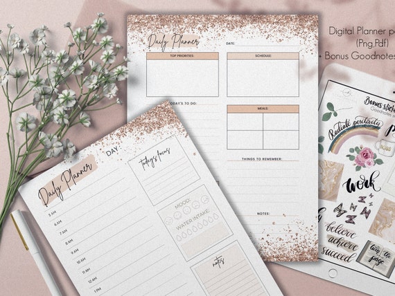 Daily Planner Page: GoodNotes Stickers & Template (PDF, PNG)