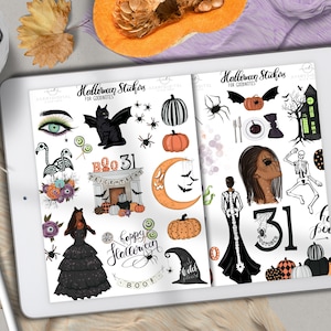 Halloween Goodnotes-stickers voor digitale planning, Goodnotes-bestanden, Afro Goodnotes-stickers, oktober-stickers, donkere huid Goodnotes