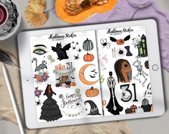 Halloween Goodnotes Stickers for Digital Planning, Goodnotes Files, Afro Goodnotes Stickers, October Stickers, Dark Skin Goodnotes