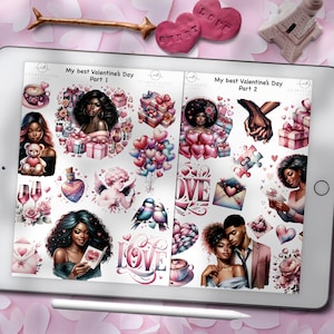 Pegatina de chica negra, paquete de pegatinas rosas de San Valentín, pegatinas de amor para planificador digital de GoodNotes, descarga digital, pegatinas funcionales