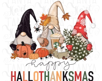 Gnomos de Navidad, diseños de sublimación PNG, Feliz Navidad, descarga digital, Feliz Halloween, Gnomo con calabaza, Árbol de Navidad