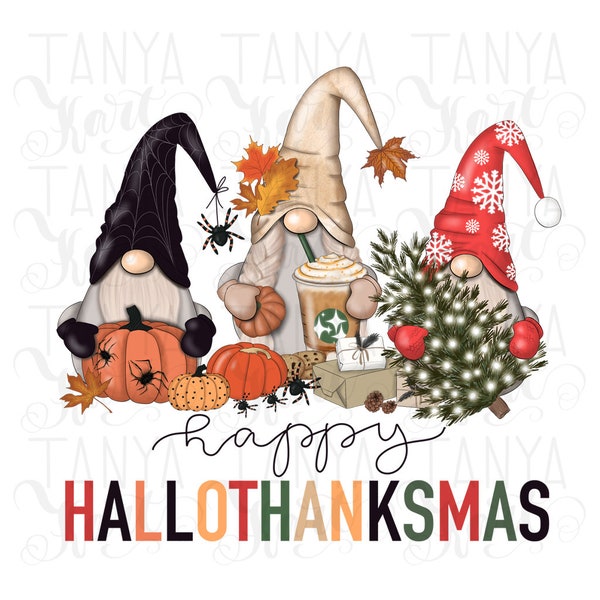Hallo Thanksmas Gnomes Png Sublimation Designs, Merry Christmas, Digital Download, Happy Halloween, Gnome With Pumpkin, Christmas Tree