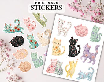 Blumenkatzenaufkleber | Druckbare Kawaii Katze PNG | Pastell Katzen Aufkleber Set | Süße Katze für den Kalender | 8,5x11 Herunterladen | Journal Aufkleber