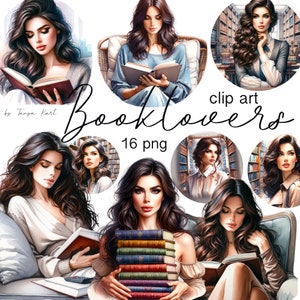 Clipart di ragazza che legge un libro, illustrazioni di libri ad acquerello per scrapbooking, regalo per topi di biblioteca, diario spazzatura, adesivo per pianificatore, design a sublimazione