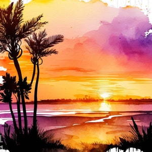 May include: A watercolor painting of a sunset over a body of water with palm trees in the foreground. The sky is a mix of orange, yellow, and purple.
