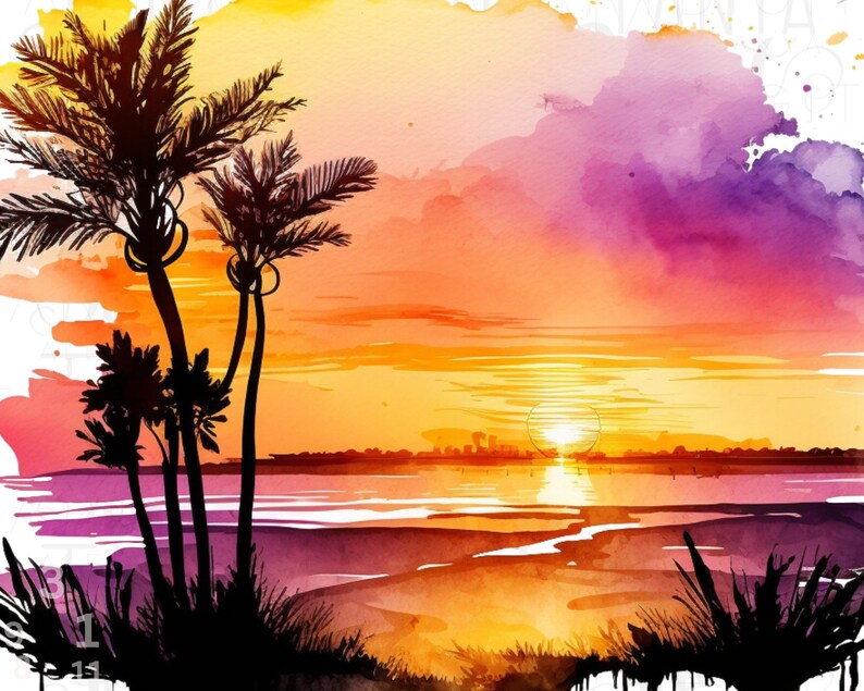 May include: A watercolor painting of a sunset over a body of water with palm trees in the foreground. The sky is a mix of orange, yellow, and purple.