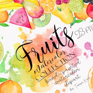 Watercolor Fruits Clipart, Apple, Commercial Use, Apple Watermelon Banana Png Clipart, Hand-Painted Food Clipart for Planner Stickers